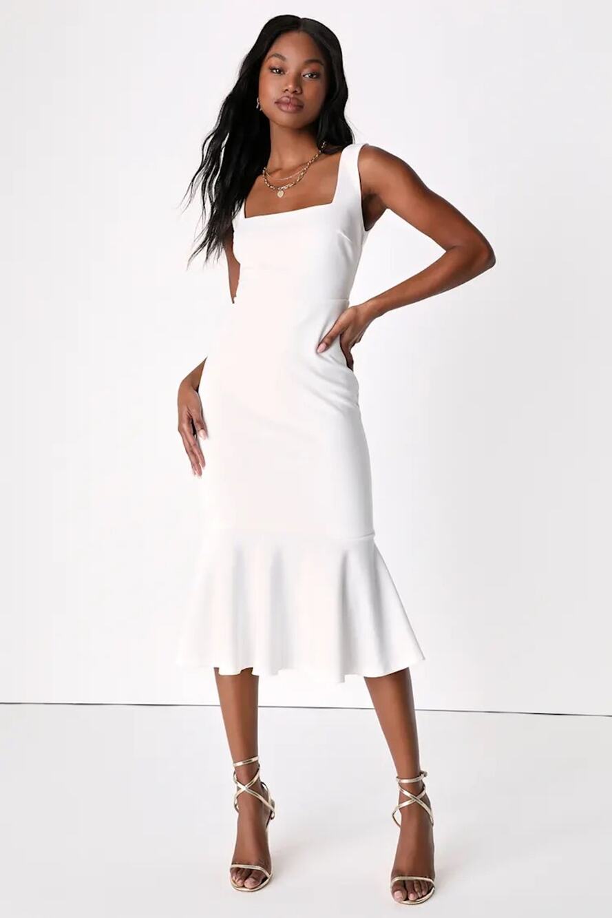 FLulus Moment Maker White Square Neck Trumpet Midi Dress Banquet Extra Small